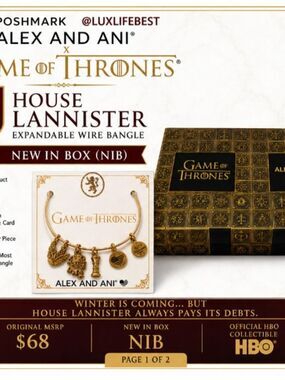 Alex and Ani Game of Thrones House Lannister Bangle Charm Bracelet Gold NIB NWT